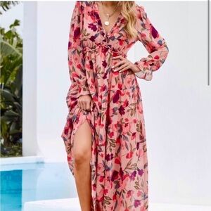 Pink Long Sleeve Floral Maxi Dress Size Small
